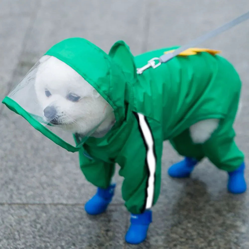 🐾【恐竜デザイン】犬用レインコート｜防水・反射ストライプ・全身カバー・小型犬～中型犬向け・フード付き・かわいいグリーン恐竜スタイル
