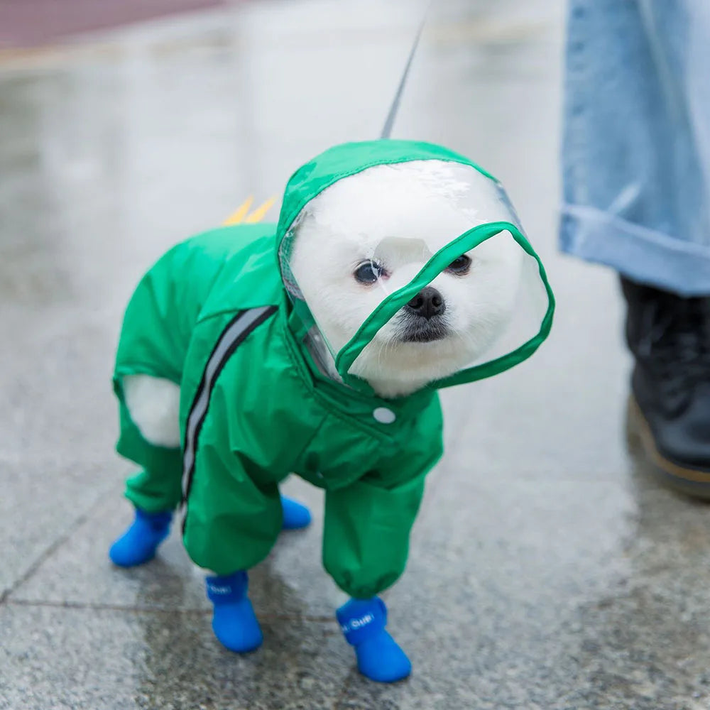 🐾【恐竜デザイン】犬用レインコート｜防水・反射ストライプ・全身カバー・小型犬～中型犬向け・フード付き・かわいいグリーン恐竜スタイル